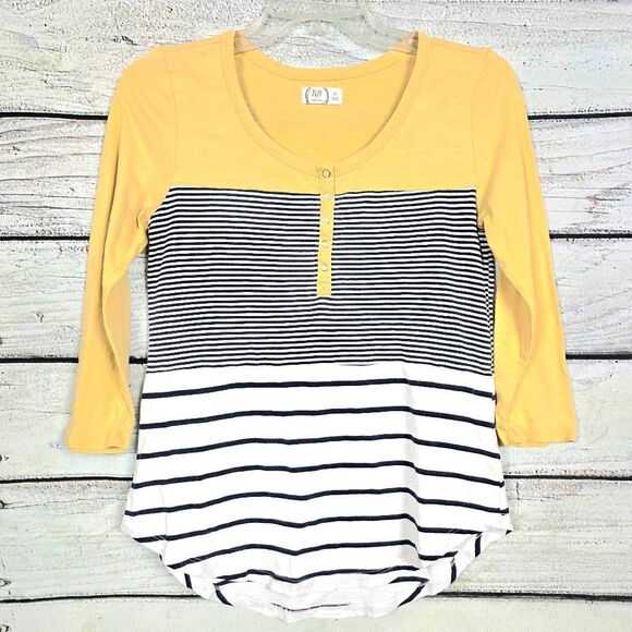 Maurices 24/7 Mustard Stripe Henley Top XS - Picture 1 of 6